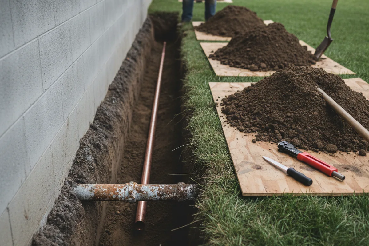 Excavated water line trench during Water Softener Installation in Moss Point